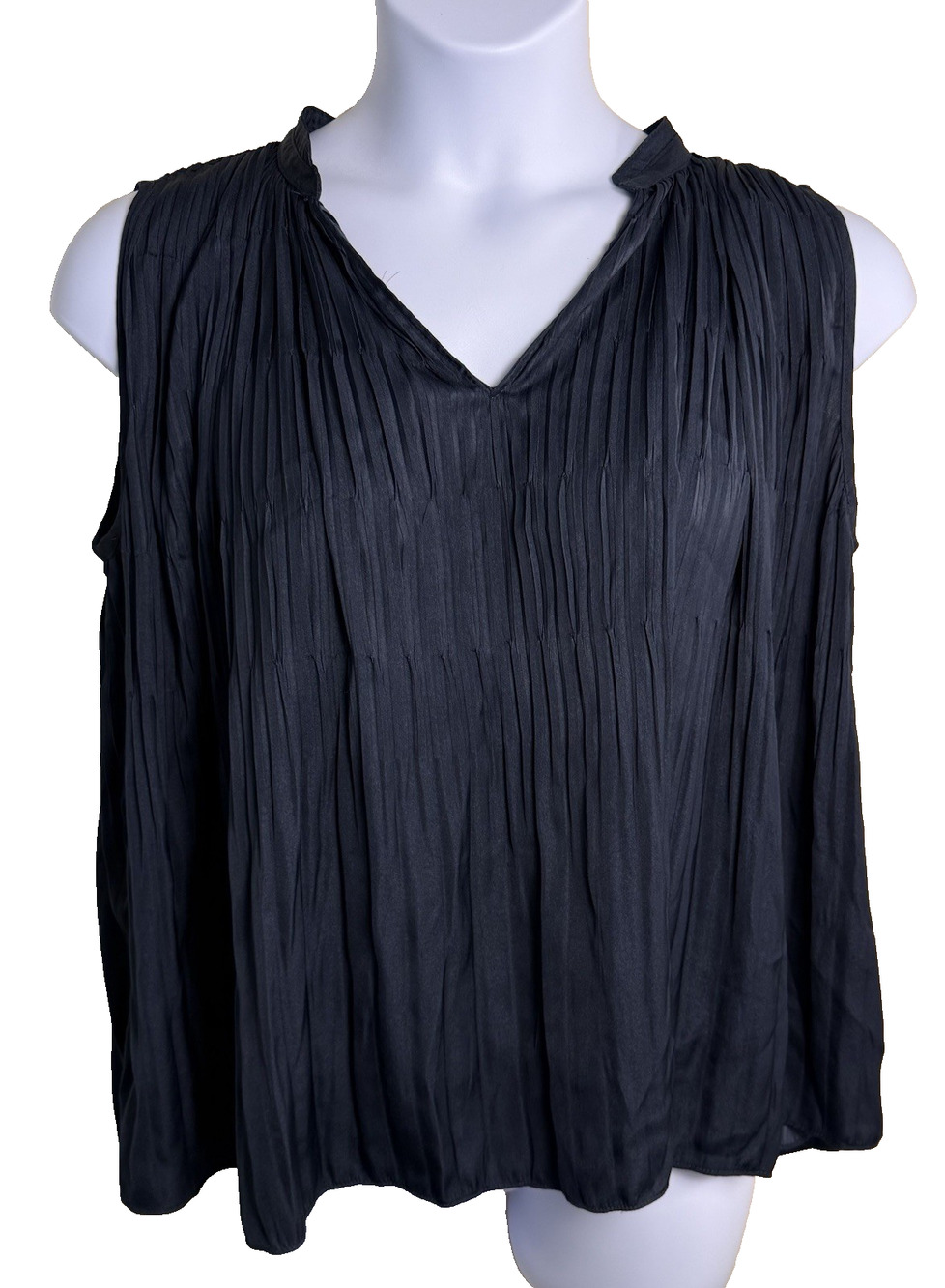 Current Air Black Peated Sleeveless V-Neck Blouse Jet Black Large Quiet Luxury
